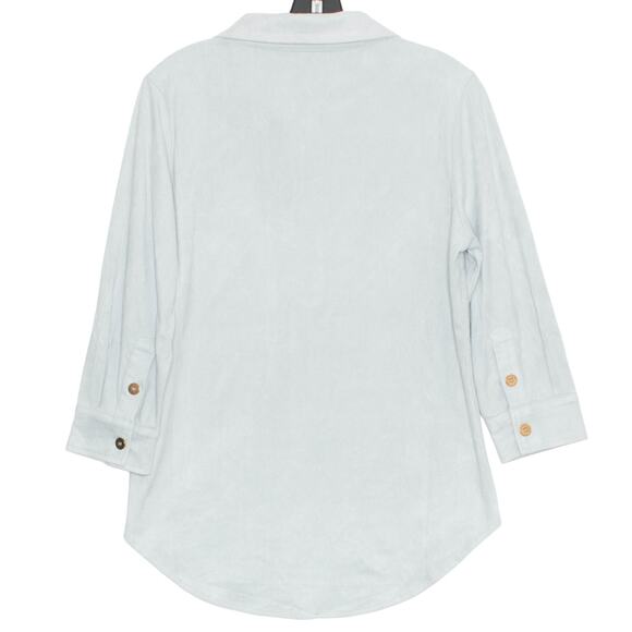 Gretchen Scott Womens Top Faux Suede Polo 3/4 Sleeve Hidden Button Blue Large JD - Picture 6 of 6